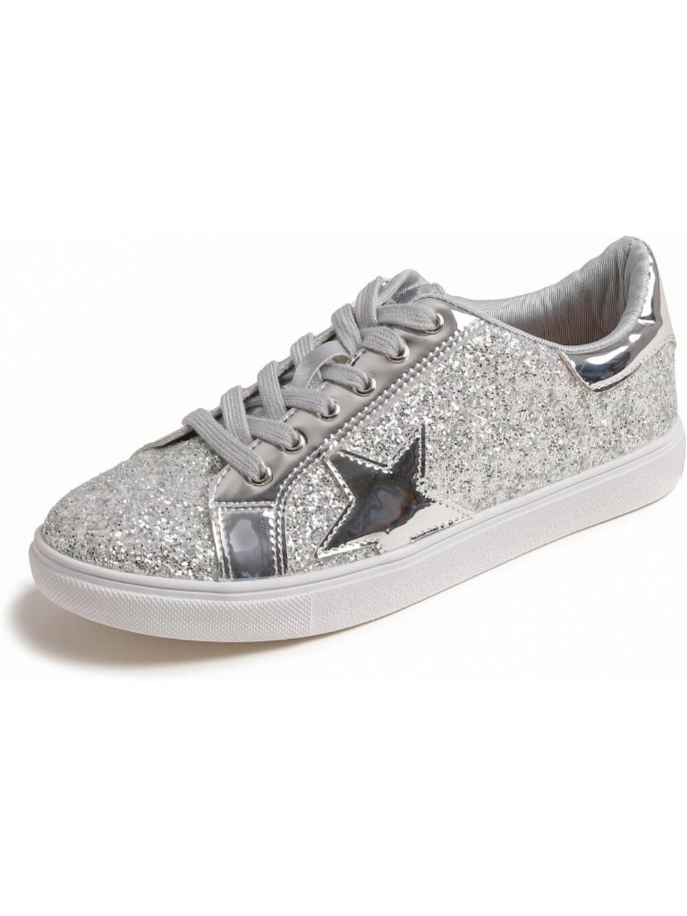 Women's Silver Glitter Star Lace up Sparkly Party Shiny Shoes Fashion Sneakers